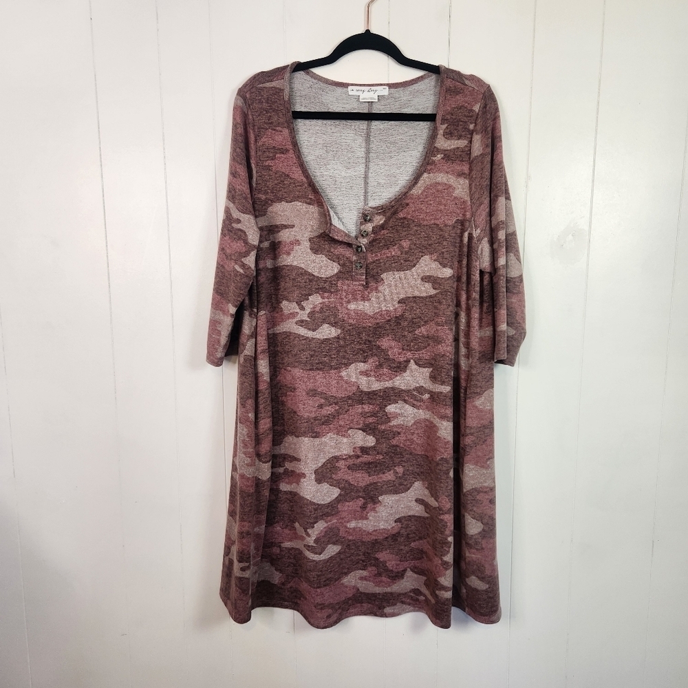 Penningtons Pink Camo 3/4 Sleeves Plush Dress Tunic Henley Size 0X XL Stretchy